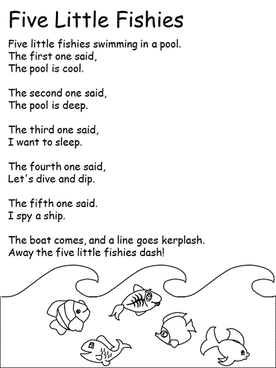 print practice worksheet - Five Little Fish with words, all verses coloring page