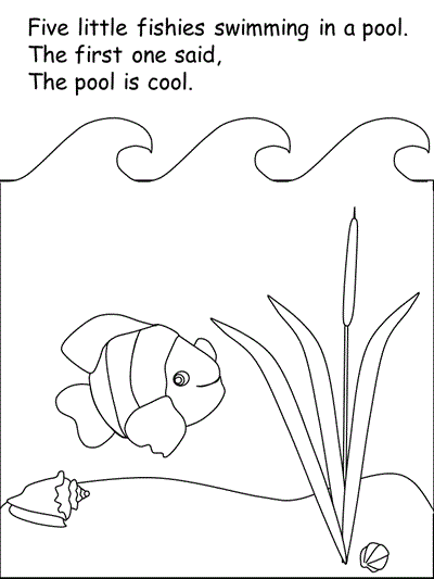 print practice worksheet - Five Little Fish with words, verse 1 coloring page