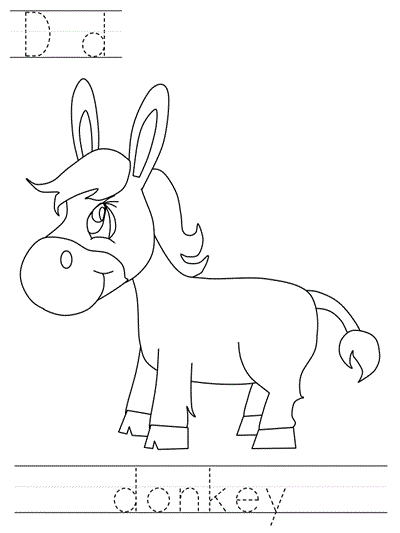 Printable print practice coloring page - Dd donkey