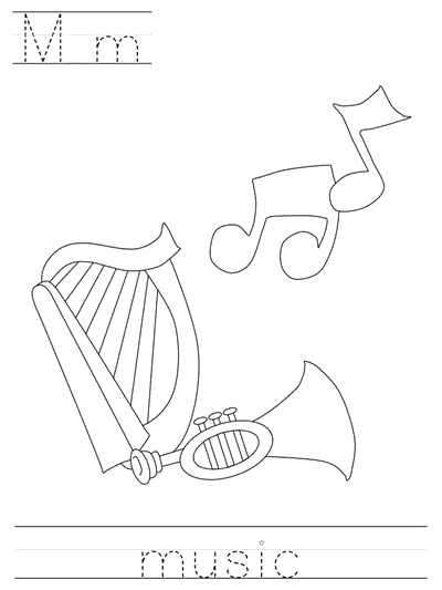 Printable print practice coloring page - Mm music