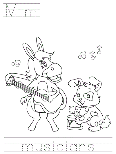 Printable print practice coloring page - Mm musicians