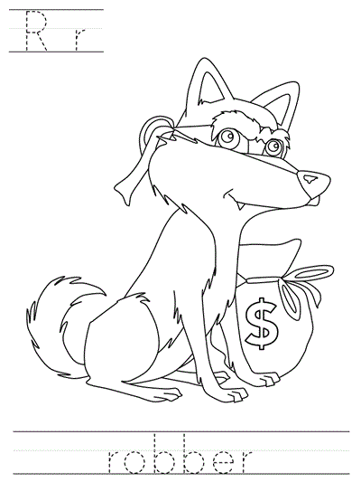 Printable print practice coloring page - Rr robber