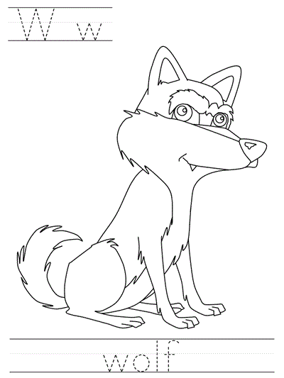 Printable print practice coloring page - Ww wolf