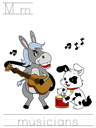 Printable print practice worksheet - Mm musicians