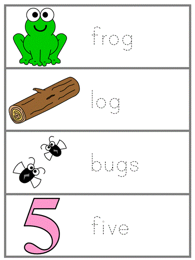 Word Wall Words tracer page - frog, log, bugs, five