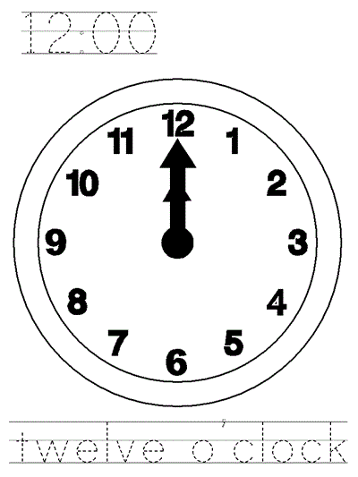 Learn to Print coloring page - twelve o'clock