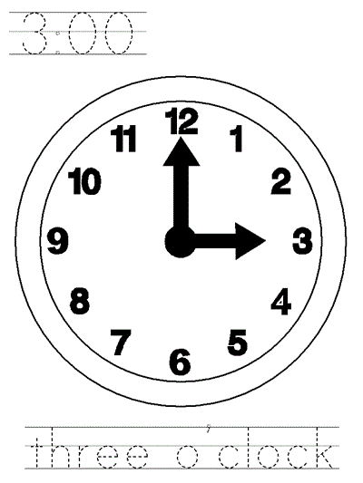 Learn to Print coloring page - three o'clock