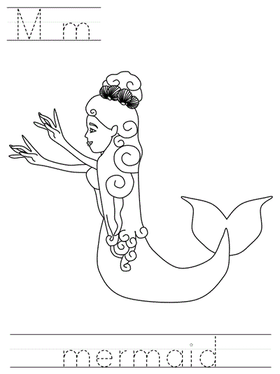 Printable print practice coloring page - Mm mermaid