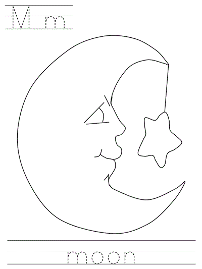 Printable print practice coloring page - Mm moon