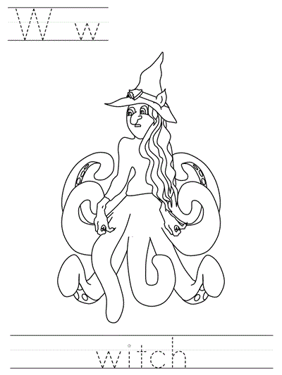 Printable print practice coloring page - Ww witch