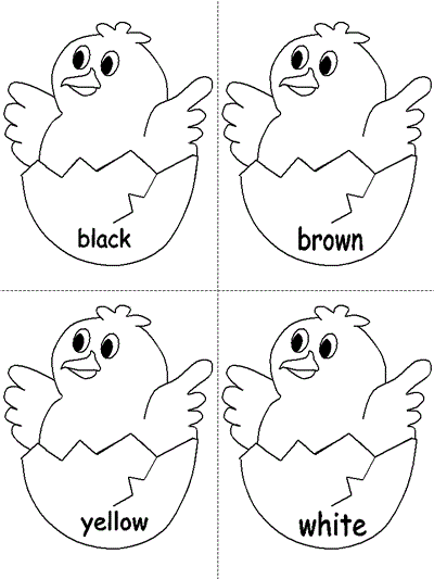 coloring page of black, brown, yellow and white chicks