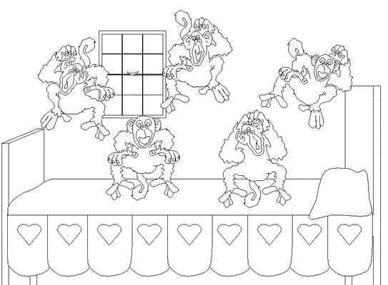 Coloring page of Five Monkeys Jumping on a Bed