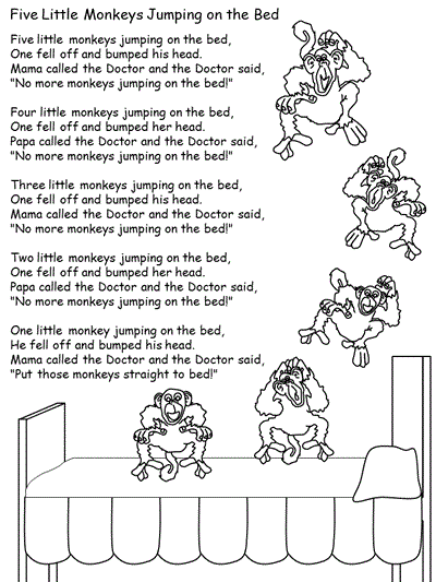 Coloring page - words to the Five Little Monkeys nursery rhyme