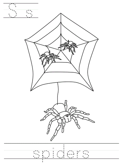 Printable print practice coloring page - Ss spiders