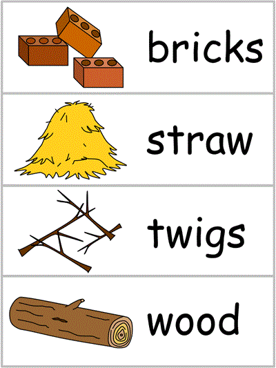 Three Little Pigs Word Wall Activities - bricks, straw, twigs, wood