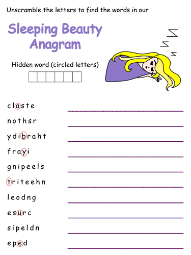 Sleeping Beauty Anagram Puzzles