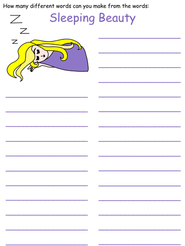 Sleeping Beauty Word Mine PUzzles