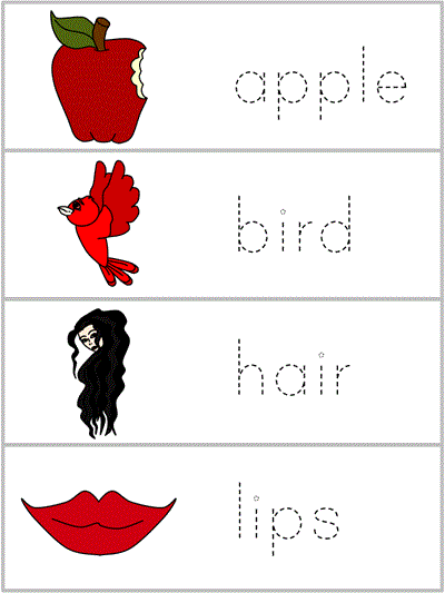 Word Wall Words tracers - apple, bird, hair, lips