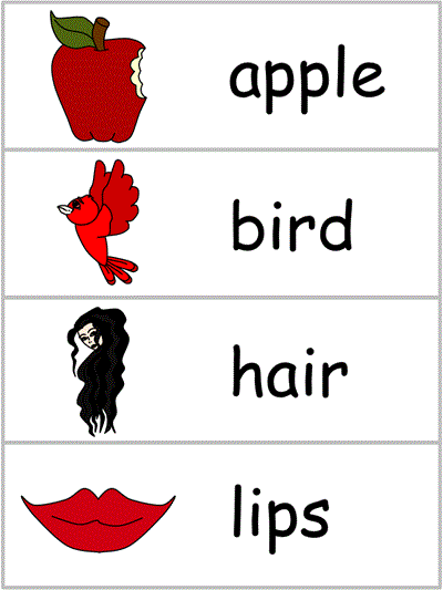 Word Wall Words - apple, bird, hair, lips