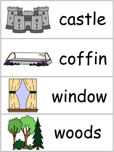 Snow White Word Wall Words - castle, coffin, window, woods
