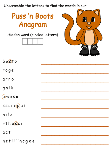 Puss in Boots Anagram Puzzle