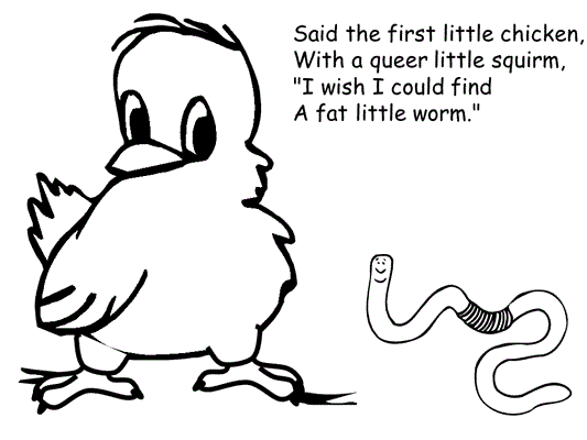 chicken and a worm coloring page with a verse from Five Little Chickens