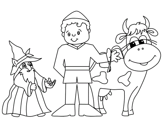 coloring page of Jack trading his cow for magic beads