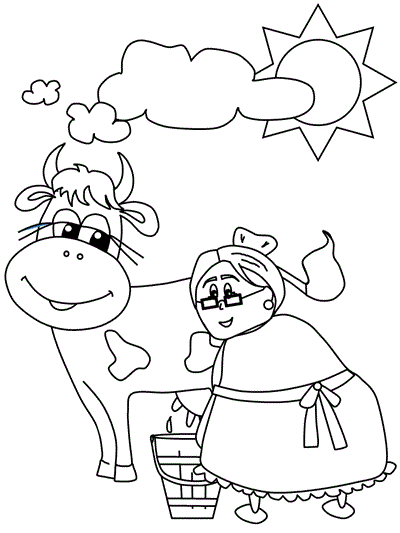 coloring page of Jack's mother miliking the cow
