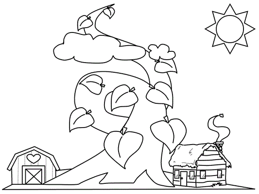 coloring page of the giant beanstalk and Jack's farm