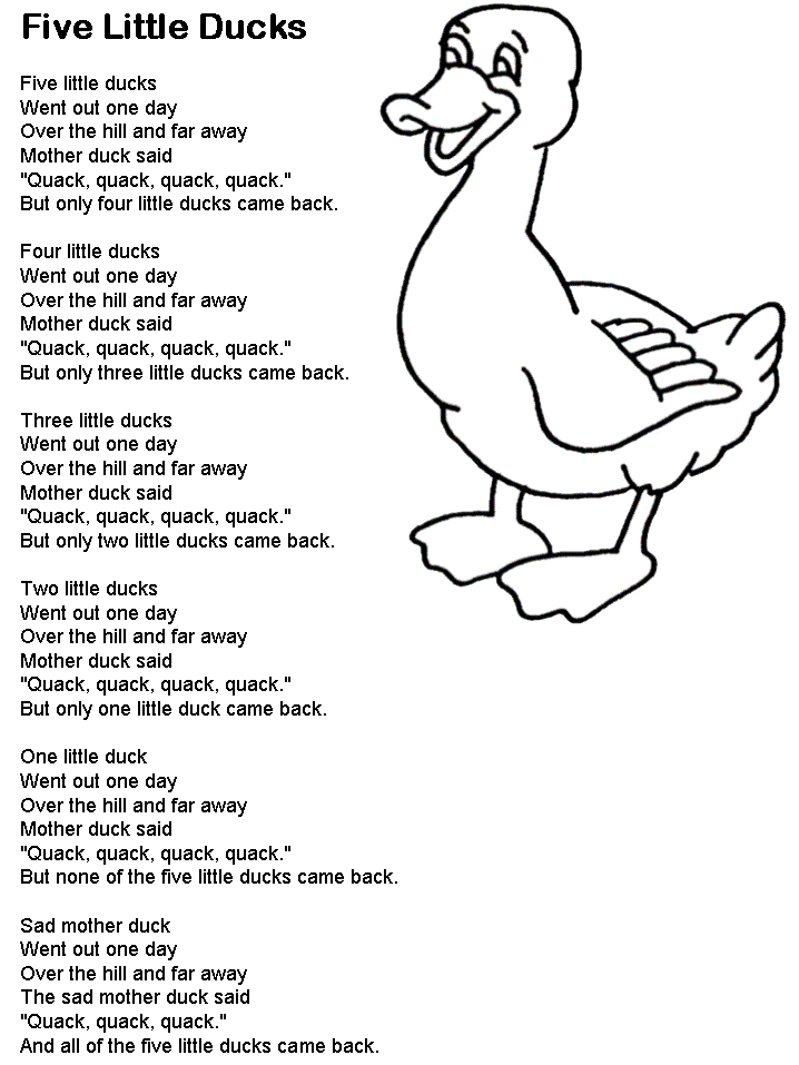 Five Little Ducks lyrics printable coloring page