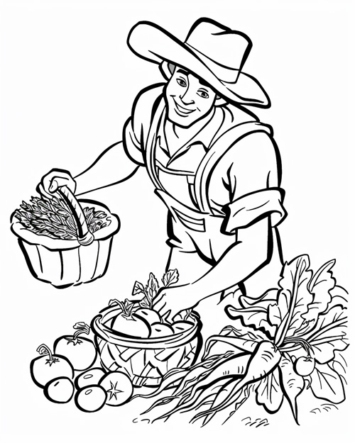 coloring page of a farmer bringing in the harvest