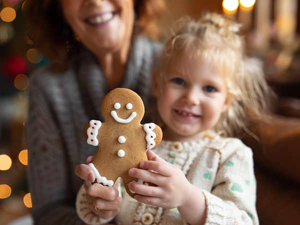 photo of a girl holding a gingerbread man cookie with Grandma behind her.