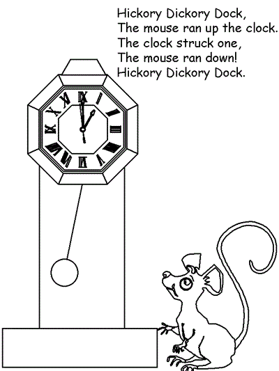 Hickory Dickory Dock verse 1 coloring page with roman numerals
