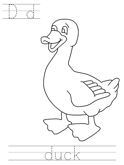 Printable print practice coloring page - Dd duck