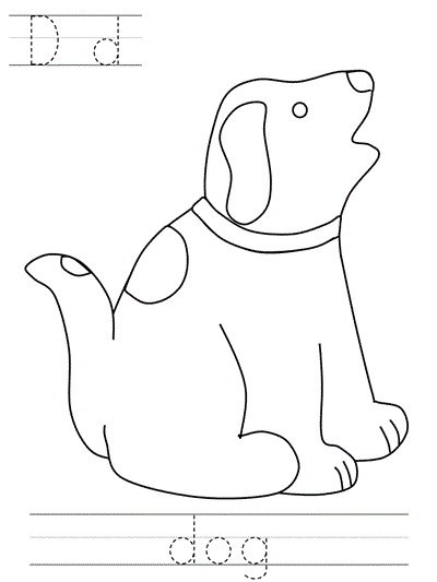 Printable print practice coloring page - Dd dog