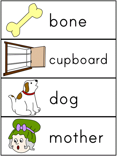 Old Mother Hubbard word wall words - bone, cupboard, dog, mother