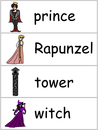 Word Wall words - prince, Rapunzel, tower, witch