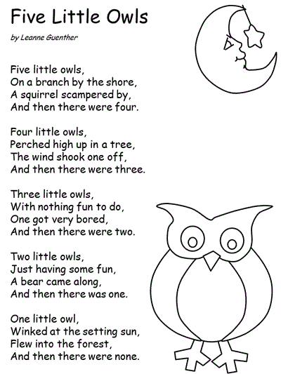 Five Little Owls, all verses coloring page