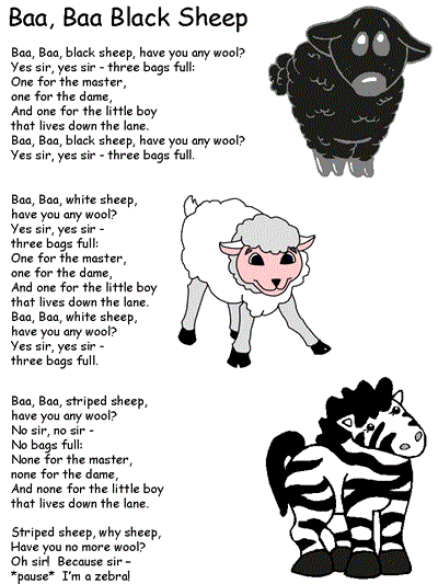 Baa, Baa Black Sheep coloring page with extended lyrics