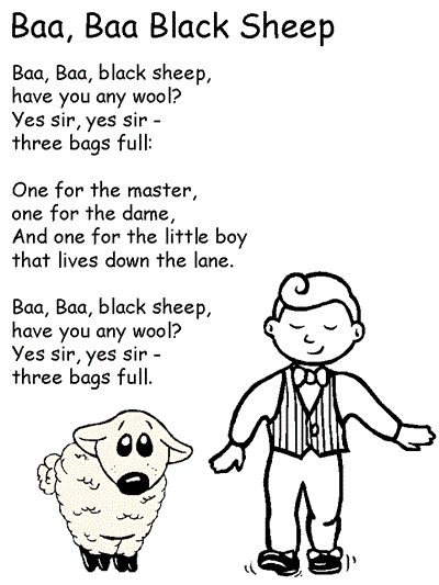 Baa, Baa Black Sheep coloring page with lyrics