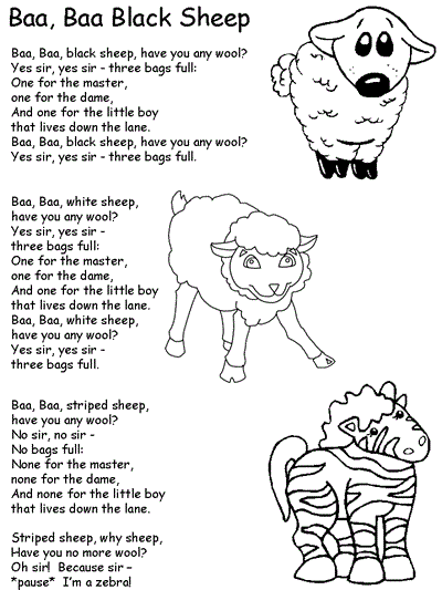 Baa, Baa Black Sheep coloring page with extended lyrics