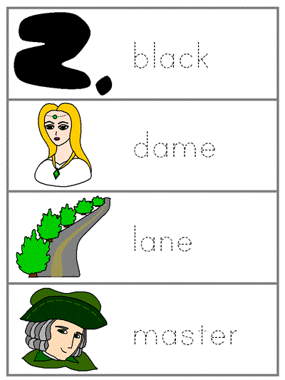 Word Wall Words to trace | black, dame, lane, master