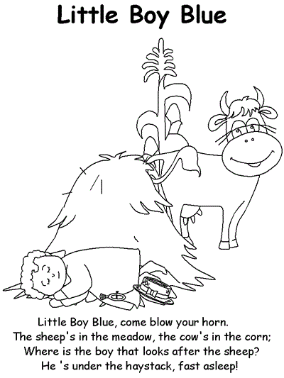 Little Boy Blue printable coloring page with words