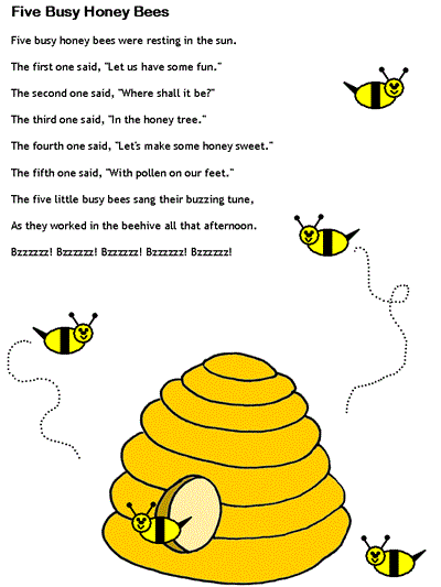 five busy honey bees printable lyrics page