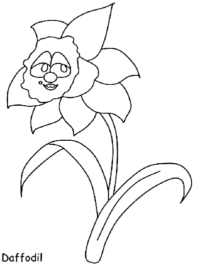 daffodil coloring page with a cartoon face and a label