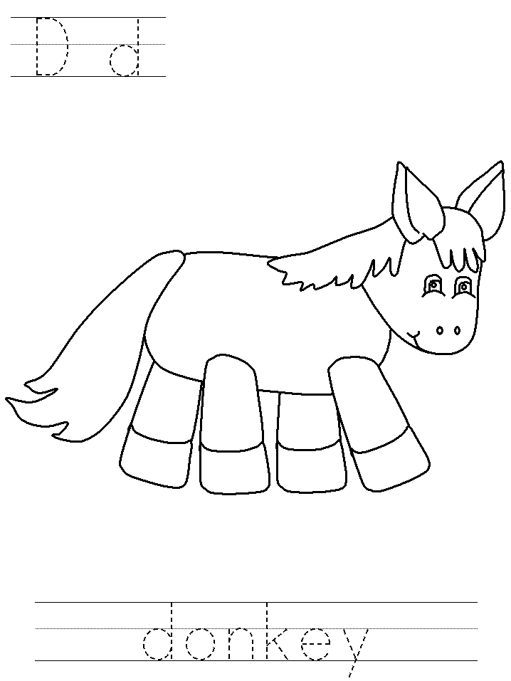 Printable print practice coloring page - Dd donkey