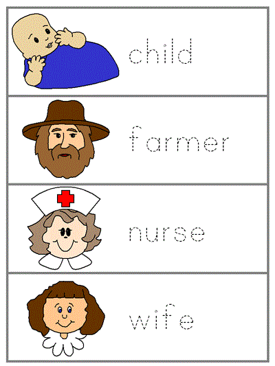 Learn to Print Word Wall Words - child, farmer, nurse, wife