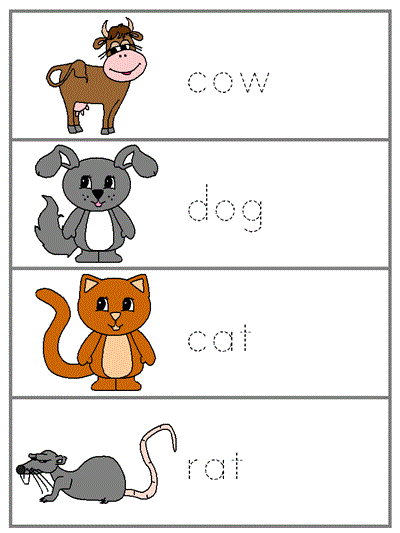 Learn to Print Word Wall Words - cow, dog, cat, rat