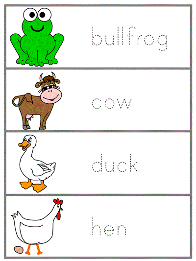 Word Wall Words tracer page - bullfrog, cow, duck, hen