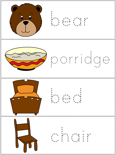 Word Wall Words tracers - bear, porridge, bed, chair